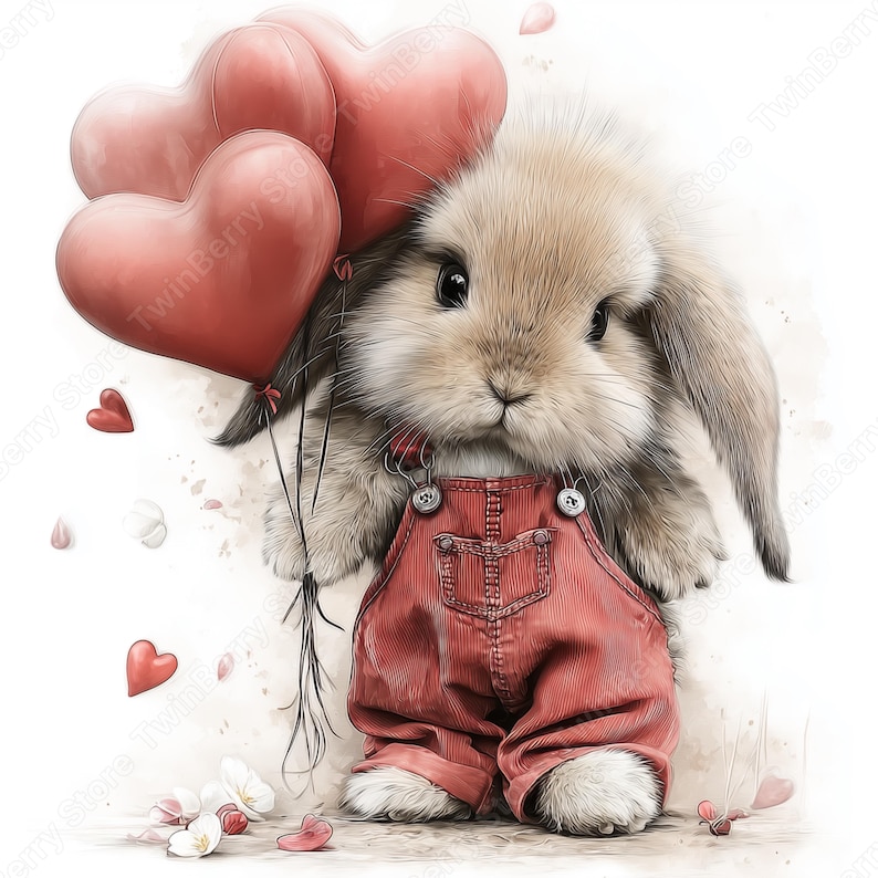 May include: A watercolor illustration of a bunny wearing red overalls, holding heart-shaped balloons. The bunny has long ears and fluffy fur. Scattered around are small hearts and flower petals, creating a whimsical and romantic scene.