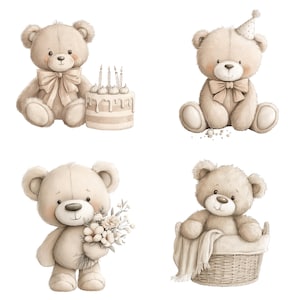 Watercolor Teddy Bear Clipart: Boho Nursery PNG Images (Digital Download - 40 PNGs) image 2