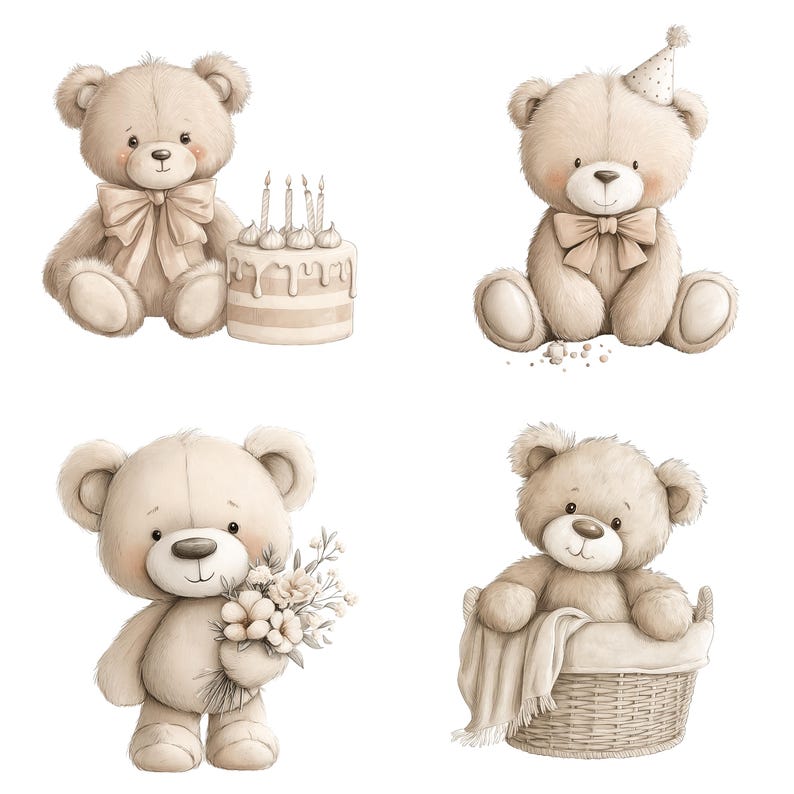 Watercolor Teddy Bear Clipart: Boho Nursery PNG Images (Digital Download - 40 PNGs) image 2