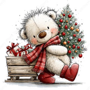 Puede incluir: Un oso de peluche blanco y esponjoso con una bufanda de cuadros rojos y botas rojas, de pie junto a un trineo de madera lleno de regalos. Detr&aacute;s del oso hay un &aacute;rbol de Navidad decorado con adornos rojos, plateados y dorados.