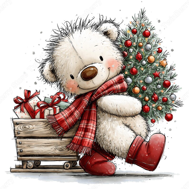 Puede incluir: Un oso de peluche blanco y esponjoso con una bufanda de cuadros rojos y botas rojas, de pie junto a un trineo de madera lleno de regalos. Detr&aacute;s del oso hay un &aacute;rbol de Navidad decorado con adornos rojos, plateados y dorados.