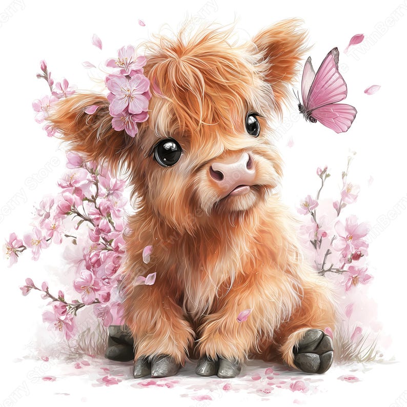 Highland Cow JPG, 24 Watercolor Floral Baby Cow Clipart With Pink ...