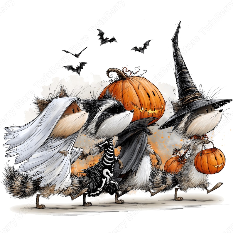 May include: A digital illustration of four raccoons in Halloween costumes walking together. One wears a white ghost sheet, one a skeleton suit, one a pumpkin head, and one a black witch hat while carrying a small orange pumpkin bucket.