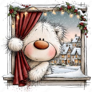 Imágenes prediseñadas de osos blancos navideños en formato PNG, 30 lindos gráficos de osos polares en acuarela, ositos de peluche con bufandas, regalos para tarjetas y sublimación. imagen 3
