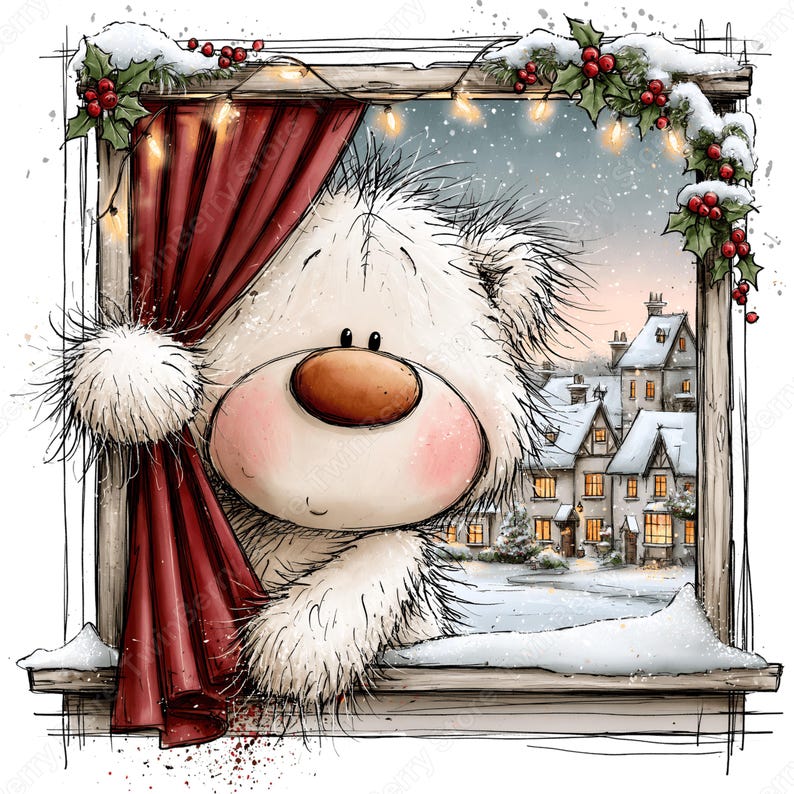 Imágenes prediseñadas de osos blancos navideños en formato PNG, 30 lindos gráficos de osos polares en acuarela, ositos de peluche con bufandas, regalos para tarjetas y sublimación. imagen 3
