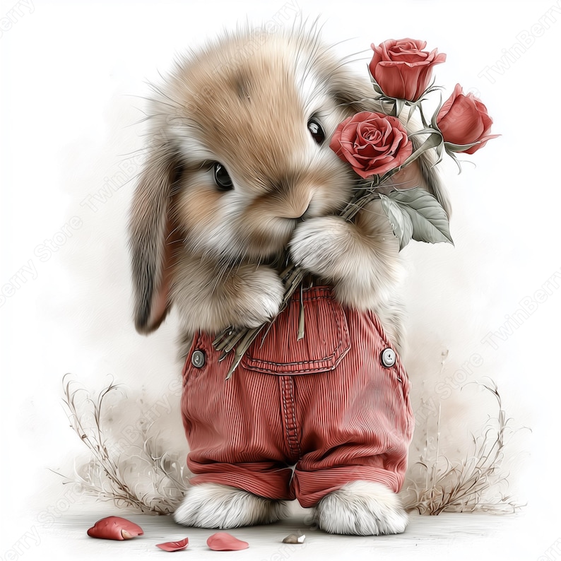 May include: A cute bunny illustration with soft brown fur, wearing red overalls, holding a bouquet of three red roses. The bunny has long ears and big, dark eyes. The background is a soft, blurred white.
