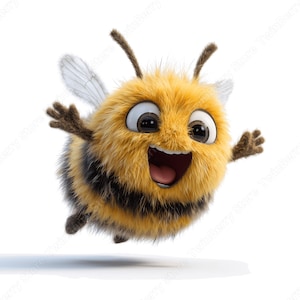 May include: A cheerful, cartoon-style bumblebee with a fluffy, yellow and black body, large eyes, and a wide, open mouth. The bee is depicted mid-flight with its wings spread, giving a sense of movement and joy. The image is set against a clean white background.