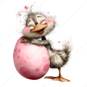 May include: A cheerful cartoon duckling with gray and white feathers, rosy cheeks, and an open beak, hugging a large pink Easter egg with darker pink polka dots. Pink flowers are scattered around the duckling.