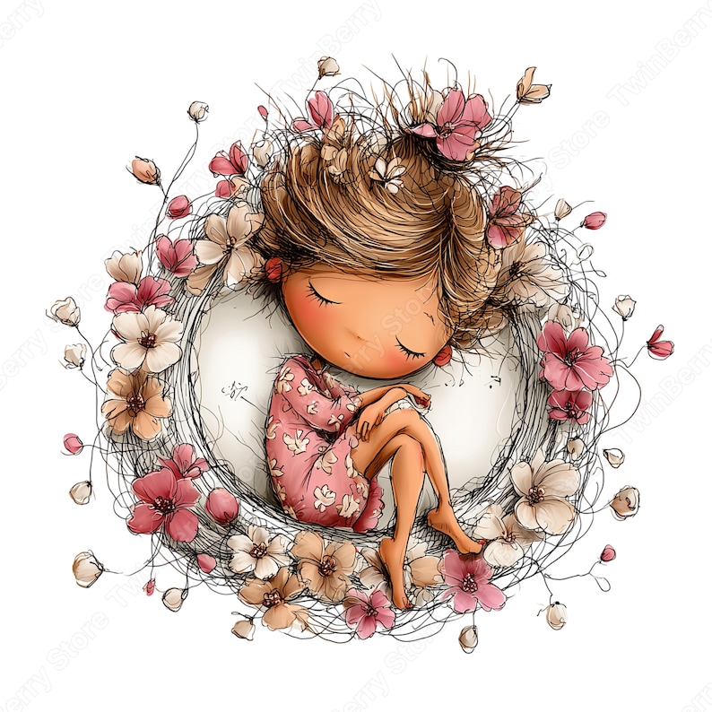 Vår Clipart PNG, 30 nyckfull flicka med blommor grafikpaket bild 11
