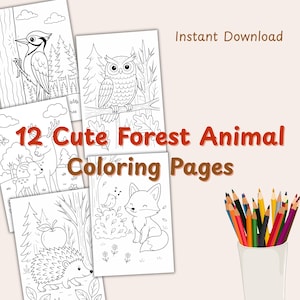 Op de afbeelding: Een verzameling van 12 afdrukbare kleurplaten met bosdieren. De pagina's bevatten illustraties van bosdieren zoals uilen, vossen en herten. De tekst "12 Cute Forest Animal Coloring Pages" en "Instant Download" zijn zichtbaar. Een beker met kleurpotloden staat in de afbeelding.