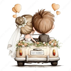 Può includere: Illustrazione ad acquerello di una coppia di sposi in un'auto d'epoca. L'auto è decorata con fiori e ha un cartello con la scritta "JUST MARRIED". Palloncini a forma di cuore fluttuano sopra.