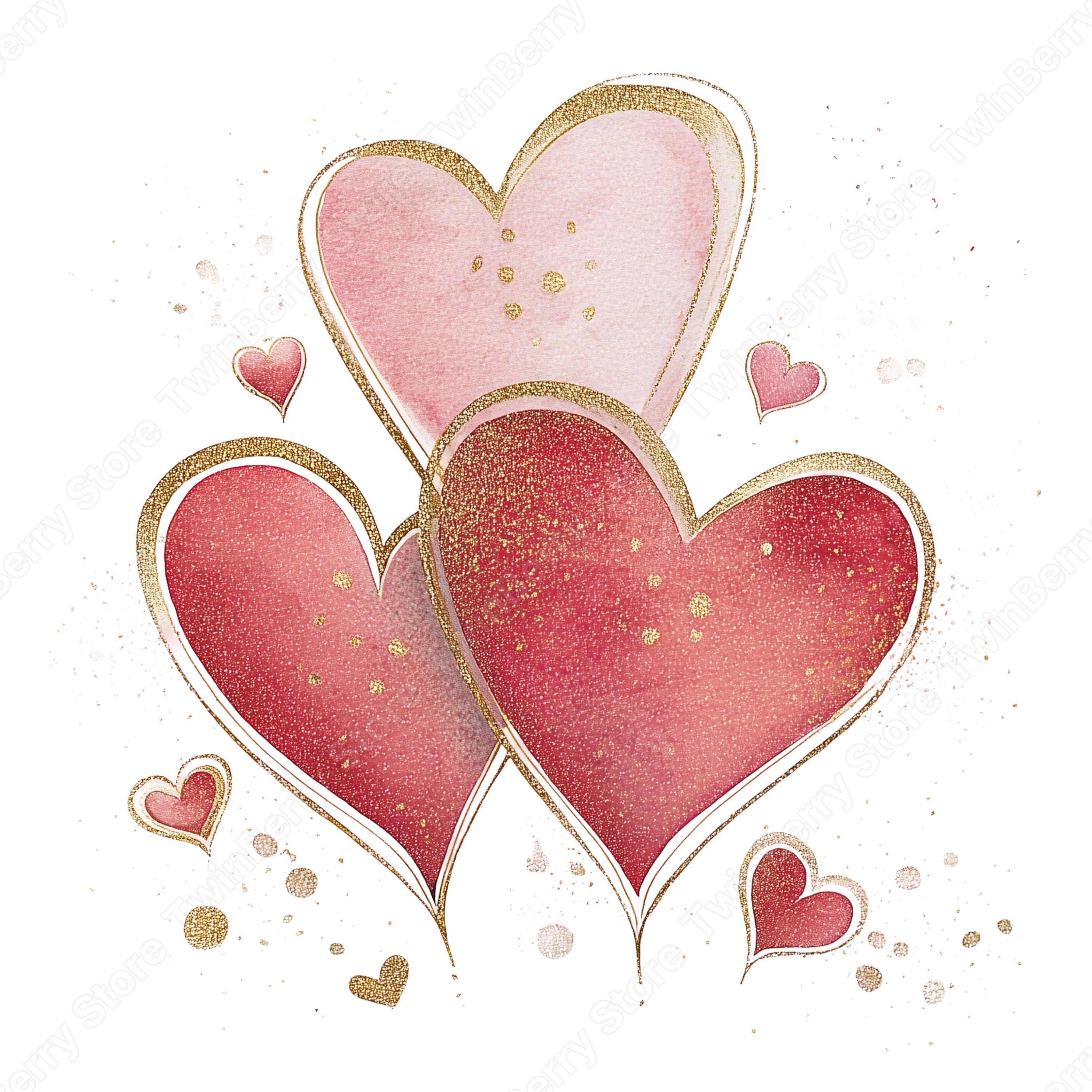 20 Pink & Gold Hearts Clipart PNG, Elegant Watercolor Valentine Hearts ...
