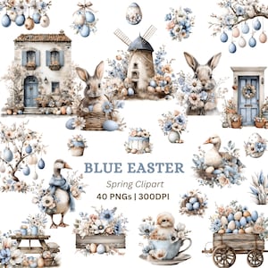 Pode incluir: Uma coleção de ilustrações em aquarela com tema de Páscoa em azul e bege. Inclui imagens de coelhos, ovos, flores, uma casa, um moinho e o texto "BLUE EASTER Spring Clipart 40 PNGs | 300DPI".