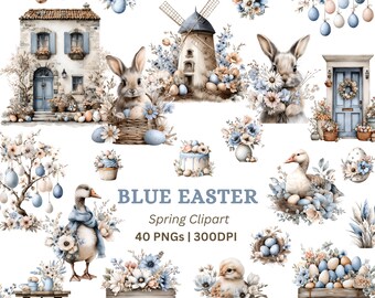 May include: A set of watercolour illustrations with a blue and beige Easter theme. Features images of bunnies, eggs, flowers, a house, a windmill, and the text "BLUE EASTER Spring Clipart 40 PNGs | 300DPI".
