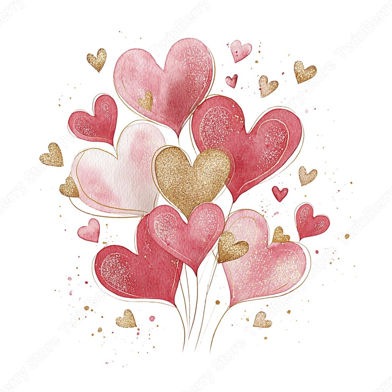 20 Pink & Gold Hearts Clipart PNG, Elegant Watercolor Valentine Hearts ...