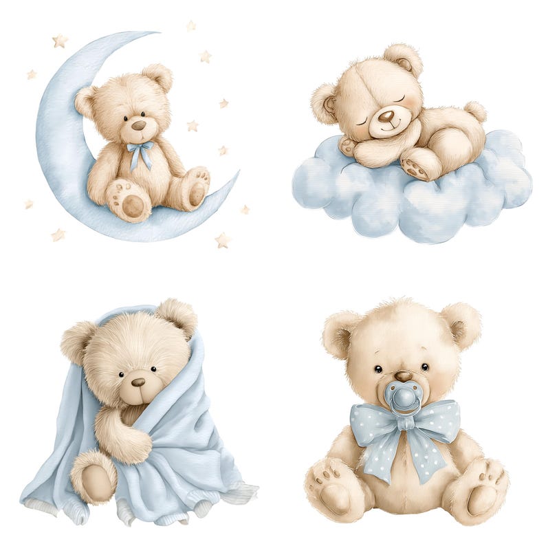 Clipart aquarel teddybeer: blauwe babyknuffels png-set (digitale download 31 png's) afbeelding 3