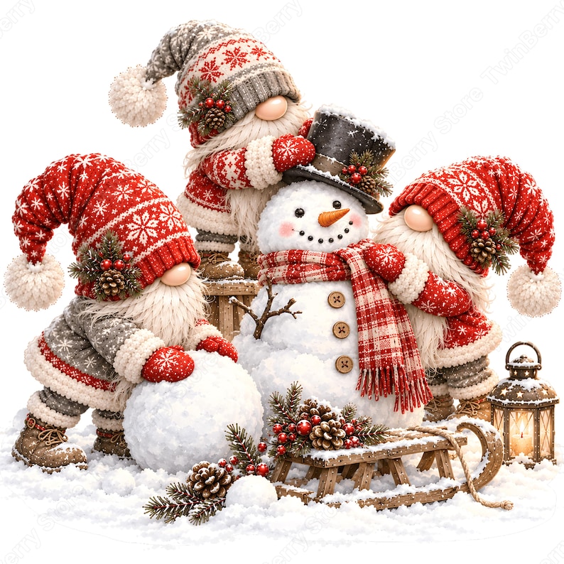 Puede incluir: Tres gnomos con largas barbas blancas, vestidos con gorros y jers&eacute;is de patrones rojos y grises, construyen un mu&ntilde;eco de nieve. El mu&ntilde;eco lleva un sombrero de copa negro y una bufanda de cuadros rojos. Hay un trineo de madera y una linterna.