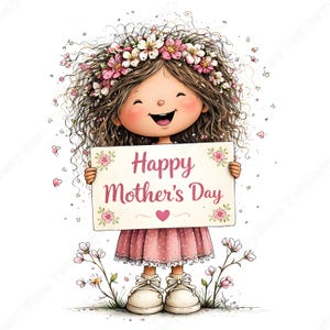 Op de afbeelding: Een cartoon illustratie van een lachend meisje dat een bord vasthoudt met de tekst "Happy Mother's Day". Ze draagt een roze jurk, witte schoenen en een bloemenkrans. Roze bloemen en harten omringen haar.