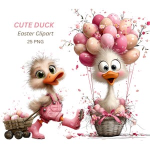 May include: Cute duck Easter clipart illustration. A cartoon duck wearing pink overalls and boots pulls a wooden cart filled with Easter eggs. Another duck floats with a basket of eggs and balloons. The image has a white background.