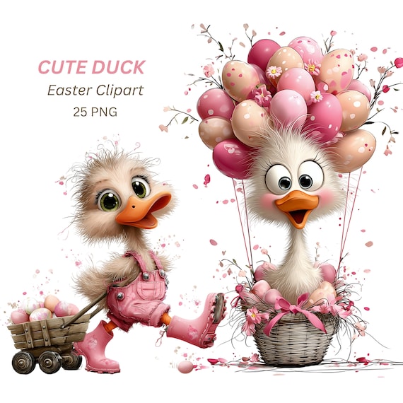 Easter Duck PNG, 25 Whimsical Duckling Clipart with Pink Eggs for Greeting Cards