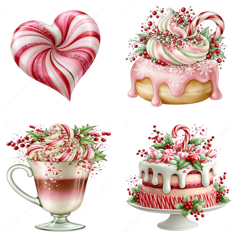 Clipart z miętą pieprzową na Boże Narodzenie w formacie PNG, 32 grafiki akwarelowe z laską cukrową, świąteczne ciasta cukierkowe w kakao do kartek i sublimacji zdjęcie 3