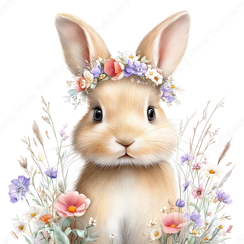Bunny Wildflower JPG, 23 Watercolor Rabbit in Meadow Clipart for Spring ...