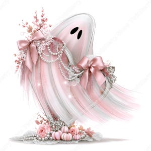 May include: A digital illustration of a pale pink ghost adorned with white pearl strands, delicate lace, and satin bows. The ghost is surrounded by small pink pumpkins, floral accents, and ornate silver frames, creating a layered, ethereal composition.