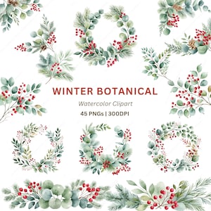 Christmas Wreath Clipart PNG, 45 Watercolor Greenery Frames Borders, Eucalyptus Holly Berry Corners for Invitations & Cards