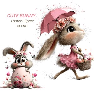 Peut inclure: Image d'un clipart de lapin de Pâques mignon. Un lapin de dessin animé porte une robe rose et tient un parapluie rose et un panier d'œufs. Un autre lapin tient un grand œuf décoré. L'image comprend le texte "CUTE BUNNY. Easter Clipart 24 PNG."
