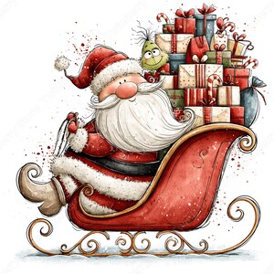 Grappige kerstman clipart PNG, 27 speelse kerstafbeeldingen, kerstman met groene vriend die cadeautjes draagt voor kaarten en sublimatie. afbeelding 14
