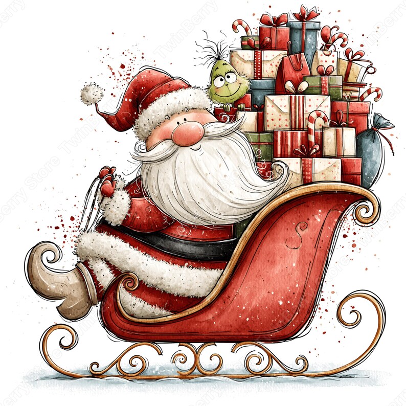 Grappige kerstman clipart PNG, 27 speelse kerstafbeeldingen, kerstman met groene vriend die cadeautjes draagt voor kaarten en sublimatie. afbeelding 14
