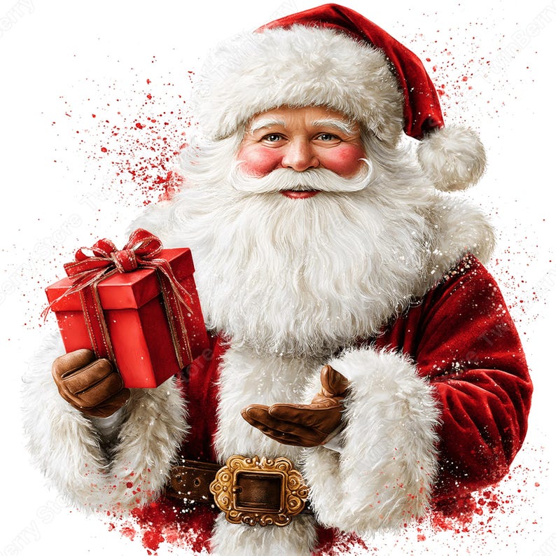 May include: Santa Claus with a long white beard and mustache, wearing a red velvet coat with white fur trim and a matching hat. Santa holds a square red gift box with a red ribbon and bow, wearing brown leather gloves and a gold belt buckle.