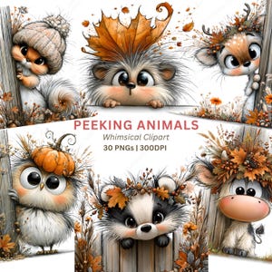 May include: A collection of whimsical clipart images showing six cute animals peeking out from behind a fence or wooden post. The animals, including a squirrel and a badger, are adorned with autumn leaves and pumpkins. Text reads "PEEKING ANIMALS Whimsical Clipart 30 PNGs | 300DPI."