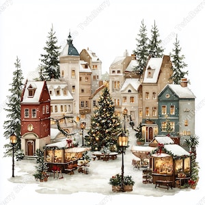 Puede incluir: Ilustraci&oacute;n en acuarela de un pueblo navide&ntilde;o nevado. Edificios en tonos rojos, beige y azul adornados con luces y nieve. Un &aacute;rbol de Navidad decorado en el centro, con puestos de mercado y &aacute;rboles de hoja perenne.