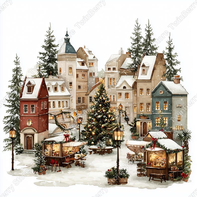 Puede incluir: Ilustraci&oacute;n en acuarela de un pueblo navide&ntilde;o nevado. Edificios en tonos rojos, beige y azul adornados con luces y nieve. Un &aacute;rbol de Navidad decorado en el centro, con puestos de mercado y &aacute;rboles de hoja perenne.
