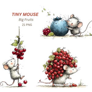 Tiny Mouse with Fruits PNG, 21 Whimsical Clipart Mice with Berries Apples for Cards