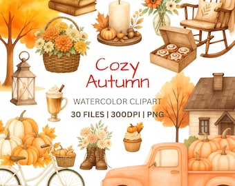 May include: Watercolor clipart featuring autumn-themed illustrations. Includes pumpkins, flowers, a rocking chair, a bicycle, a truck, and the text "Cozy Autumn". The image has a warm color palette of orange, brown, and cream.
