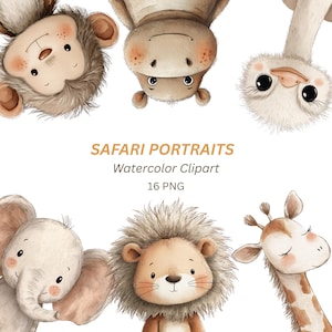 Può includere: Clipart ad acquerello con sei adorabili ritratti di animali della savana: una scimmia, un ippopotamo, uno struzzo, un elefante, un leone e una giraffa. Il testo "SAFARI PORTRAITS Watercolor Clipart 16 PNG" è visualizzato. Le illustrazioni hanno uno stile morbido e cartoonesco.