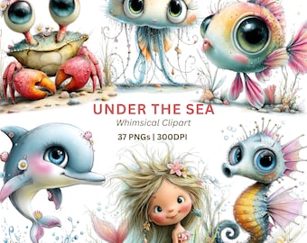 Ocean Animal Clipart PNG, 34 Cute Sea Creatures and Mermaids for Nursery Wall Art and Party Decor