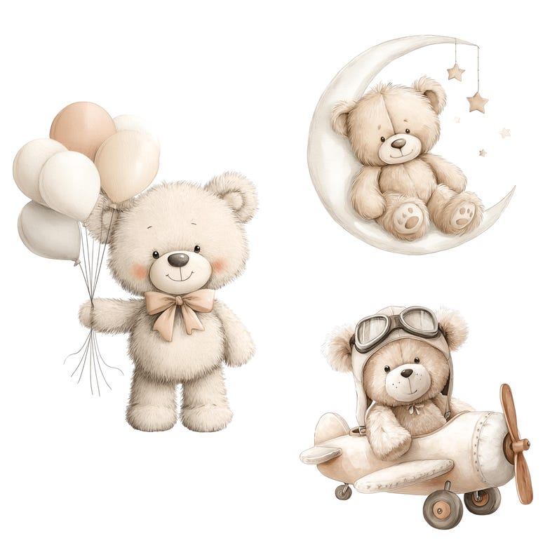 Watercolor Teddy Bear Clipart: Boho Nursery PNG Images (Digital Download - 40 PNGs) image 6