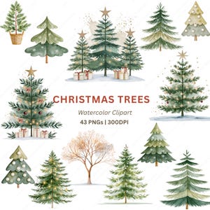Op de afbeelding: Een verzameling aquarelillustraties van kerstbomen met diverse groene dennen, sommige versierd met gouden sterren, lichtjes en ornamenten, naast geschenkdozen en een kale boom, met de tekst CHRISTMAS TREES Watercolor Clipart 43 PNGs 300DPI.