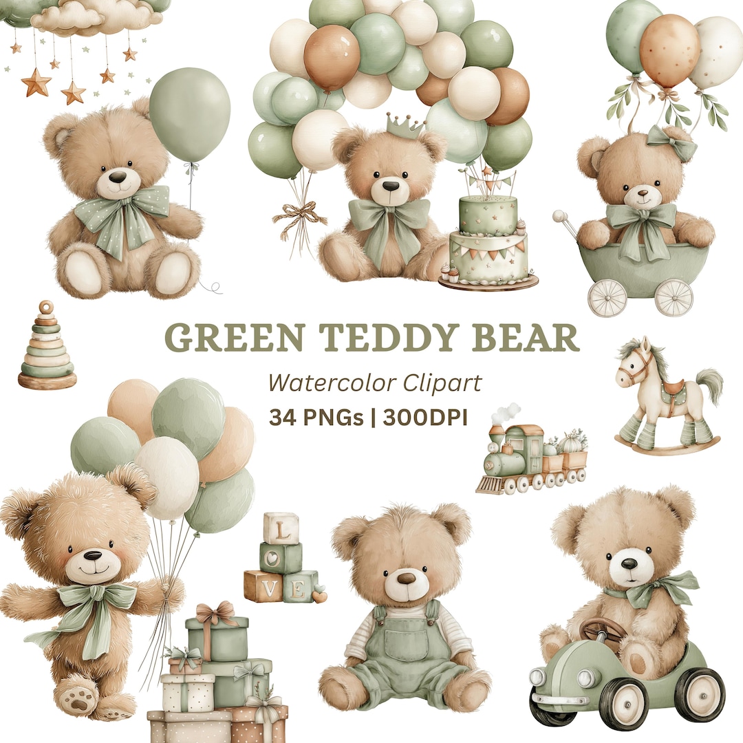 Teddy Bear Clipart PNG, 34 Sage Green Baby Boy Nursery Graphics Bundle ...