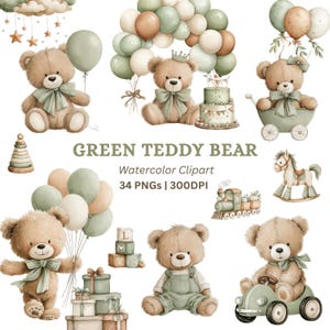 Puede incluir: Clipart de acuarela con varios osos de peluche con lazos y globos verdes. La imagen incluye un oso de peluche con corona, un pastel, un coche de juguete y el texto "GREEN TEDDY BEAR".