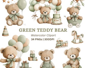 Teddybeer clipart png, 34 saliegroen grafische bundel babyjongen kinderkamer