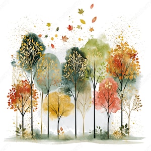 May include: Watercolor painting of a forest scene with trees in shades of gold, green, orange, and red. The trees have black trunks and branches, with gold accents on the leaves. Falling leaves and gold flecks add detail to the artwork.