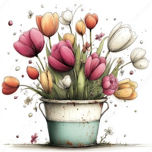 Vår Clipart JPG, 26 nyckfulla tekoppblommor, blomvas, kanna, tulpanvallmo grafikpaket