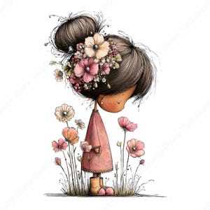 Vår Clipart PNG, 30 nyckfull flicka med blommor grafikpaket bild 13