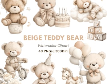 Aquarel teddybeer clipart: boho kinderkamer png-afbeeldingen (digitale download-40 png's)