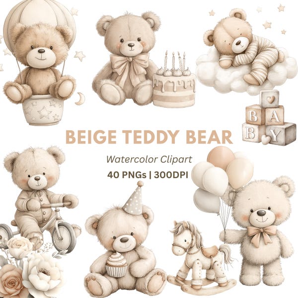 Aquarell Teddy Bär Clipart: Boho Kinderzimmer PNG Bilder (Digital Download - 40 PNGs)