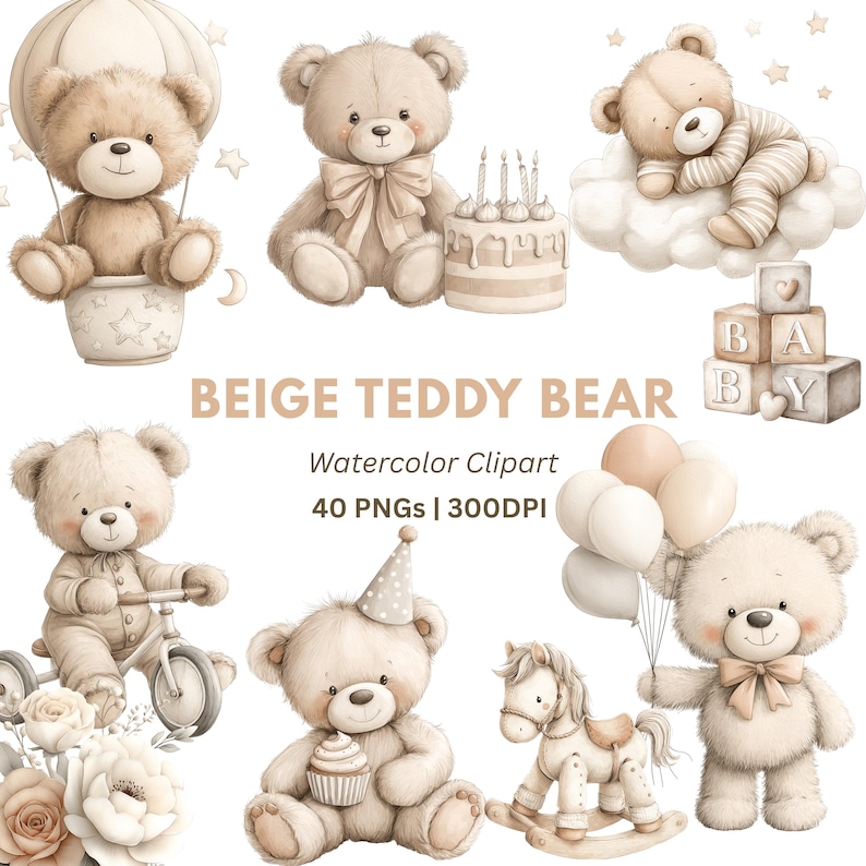 Watercolor Teddy Bear Clipart: Boho Nursery PNG Images (Digital Download - 40 PNGs) image 1